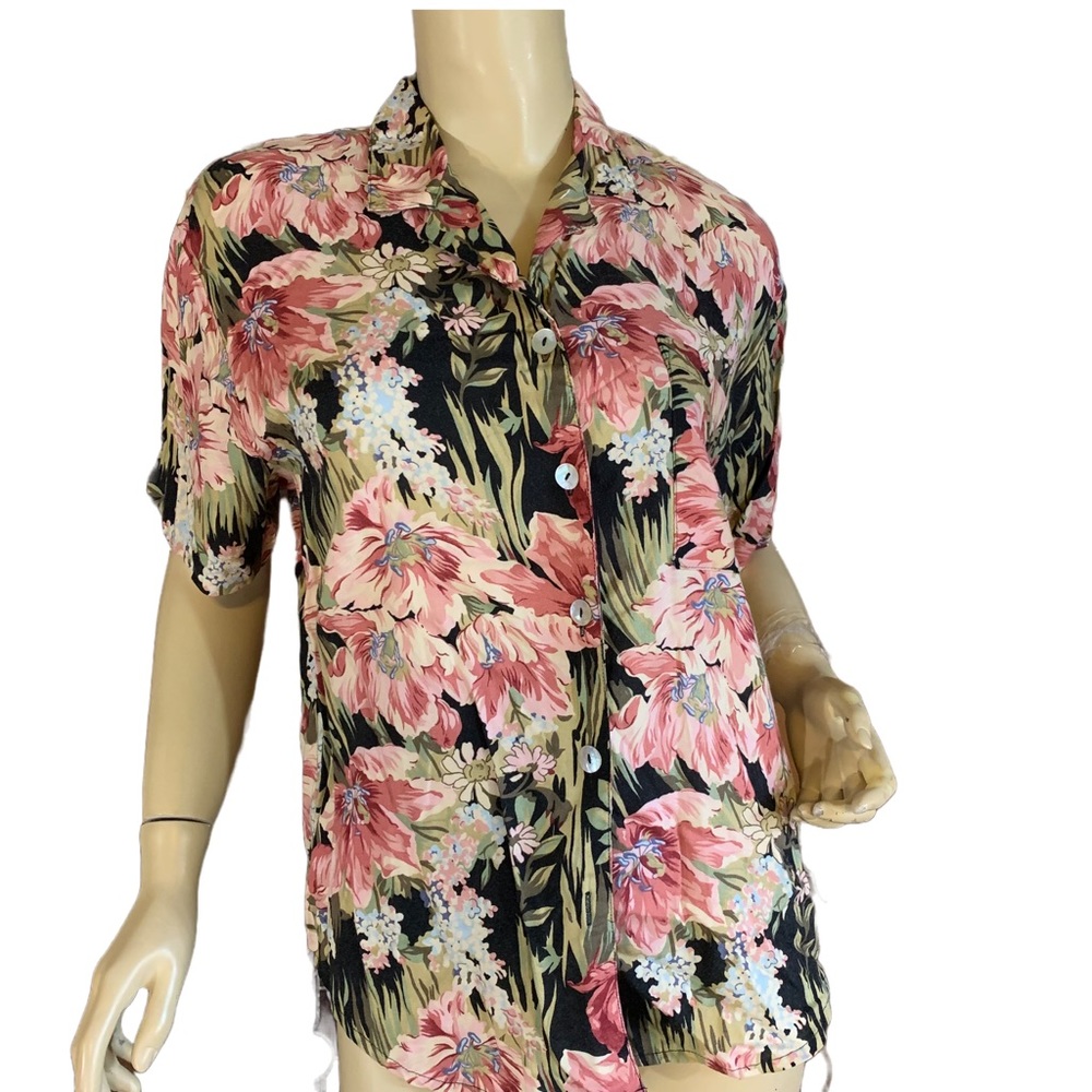 VINTAGE 1980'S PINK, BLACK & GREEN FLORAL PRINT TEDDI BLOUSE (MP) - Picture 2 of 13